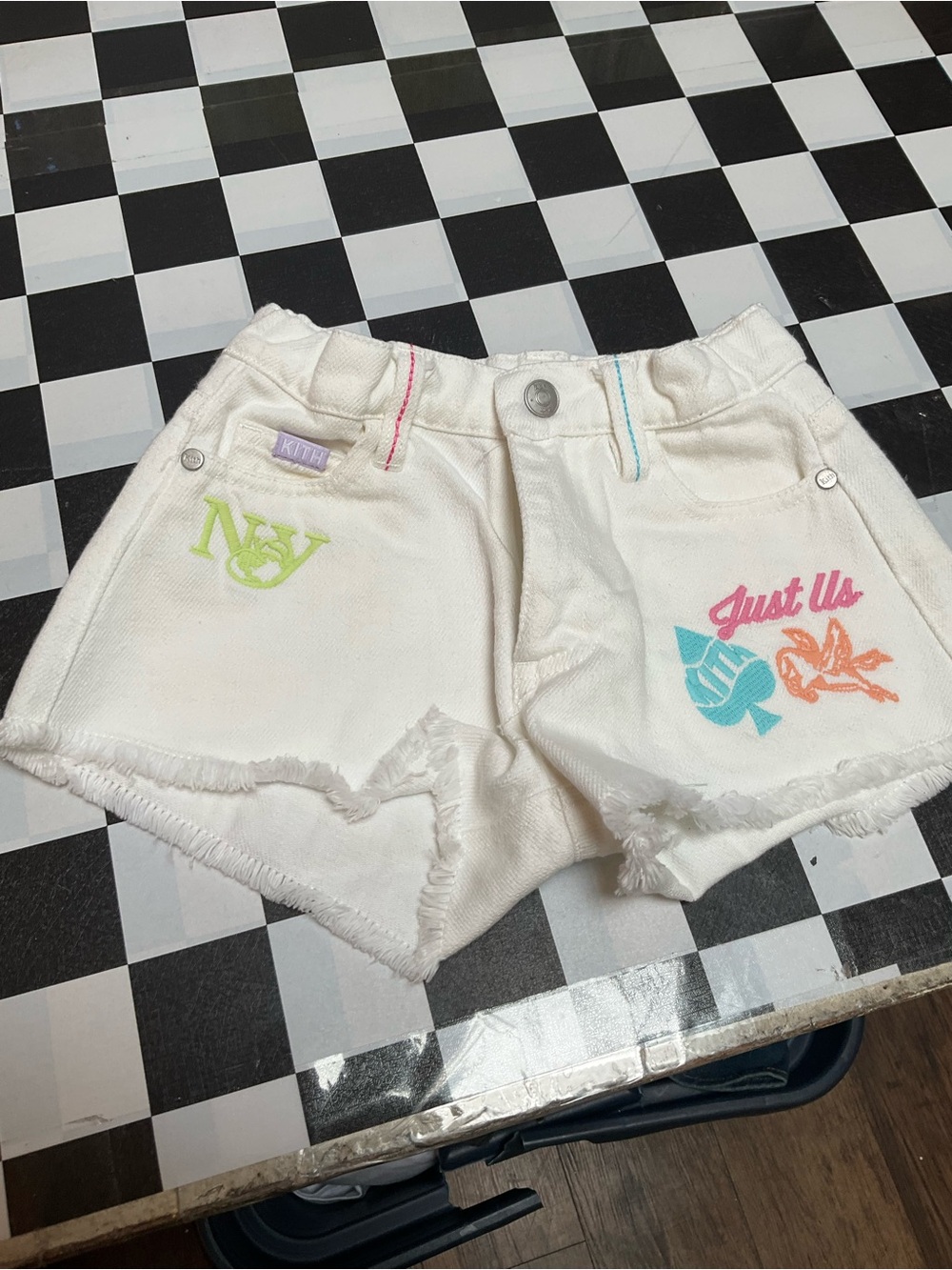 Kith White Denim Shorts with Pastel Embroidery